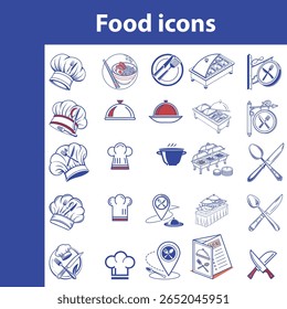 A variety of food related icons are displayed, including chef hats, serving dishes, silverware, and restaurant location markers.