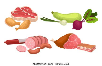 Variety of Food from Supermarket with Wurst and Vegetables Vector Set