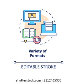 Variety of formats concept icon. Elearning platforms features abstract idea thin line illustration. Isolated outline drawing. Editable stroke. Roboto-Medium, Myriad Pro-Bold fonts used