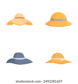 Variety of four fashionable hats in flat design style, isolated on a white background