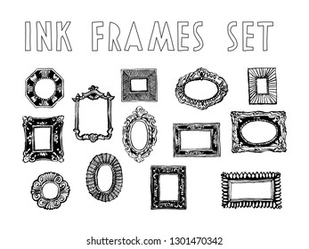 A variety of frames with stucco hand-drawn ink. Black and white set of frames for paintings, can be used for the design of cards, invitation, posters.