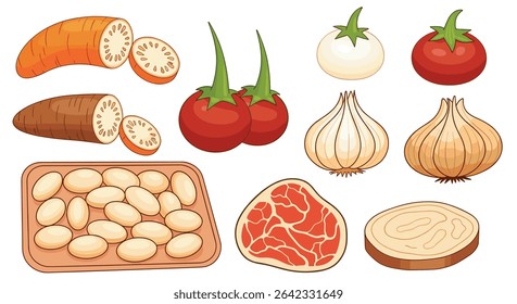 Uma variedade de itens de alimentos frescos, incluindo culturas de raízes de legumes e ilustração de carne