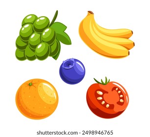 Variety Of Fresh, Ripe Fruits Including Grapes, Banana, Orange, Blueberry, And Tomato Isolated On White Background
