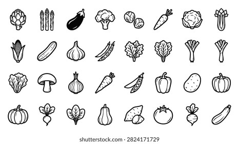 A variety of fresh vegetables depicted as simple line art icons, presented on a clean white backdrop.