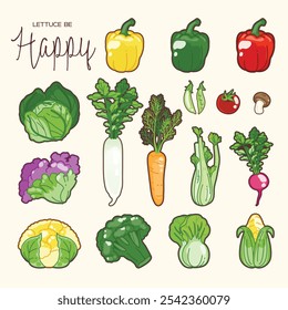 Variety of fresh vegetables, including bell peppers, cabbage, broccoli, carrots, and corn. Encouraging joy in healthy eating. Each vegetable is colorful and fresh.