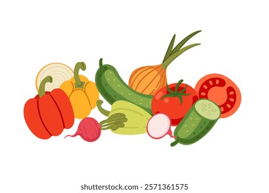 Variety of fresh vegetables including peppers, tomatoes, cucumbers, and radishes. Great for food packaging, healthy lifestyle visuals, or recipe designs. Vector illustration