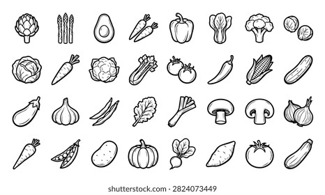 A variety of fresh vegetables and produce items are illustrated in a simple hand-drawn line art style.