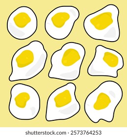 Variety of fried eggs in unique shapes, including sunny side up eggs, irregular omelets, and abnormal circles. Collection showcasing diverse egg designs