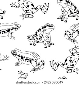 A variety of frogs in different poses arranged in a seamless pattern, vector illustration, perfect for various design uses
