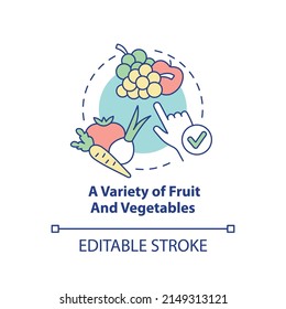 Variety of fruit and vegetables concept icon. Tip for vegan lifestyle abstract idea thin line illustration. Isolated outline drawing. Editable stroke. Arial, Myriad Pro-Bold fonts used