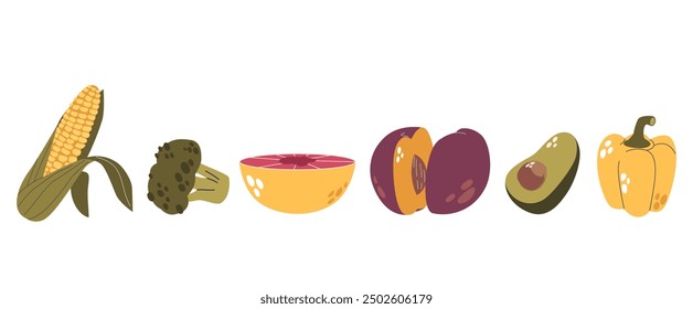 Variety Of Fruits And Vegetables Like Corn, Broccoli, Grapefruit, Plum, Avocado And Bell Pepper. Vector Illustration