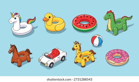 A variety of fun inflatable pool toys including a unicorn, duck, watermelon ring, dinosaur, horse, car, giraffe, and donuts.