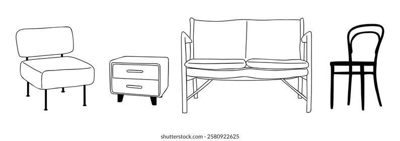 A variety of furniture pieces, including a chair, a bed, a couch, and a nightstand. Mid century modern retro interior design elements. Hand drawn vector illustration isolated on white background