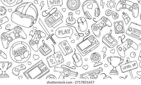 A variety of gaming items including controllers VR headset joystick and more in a doodle art style