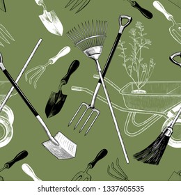 
Variety of garden tools. Vector seamless pattern in vintage style.