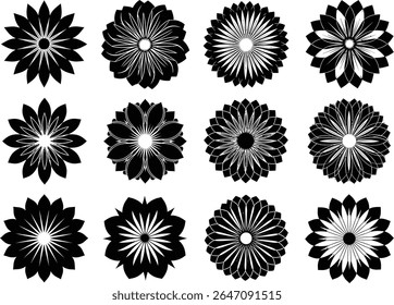 Uma variedade de desenhos florais geométricos com padrões intrincados e simétricos em preto e branco.