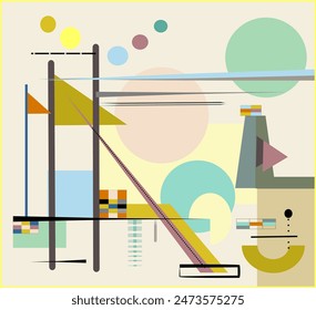A variety of geometric shapes and lines interact in a complex, abstract composition with a pastel color palette. Some elements seem to float while others are connected by straight lines or overlapping
