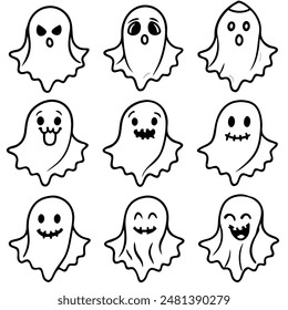 A variety of ghosts displaying different faces on a white backdrop