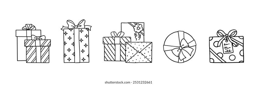 A variety of gift boxes hand drawn illustration, Doodle illustrations of gift box, Set of art line drawing present box, Doodle style, Cartoon doodle hand drawn pattern, Line art vector illustration.