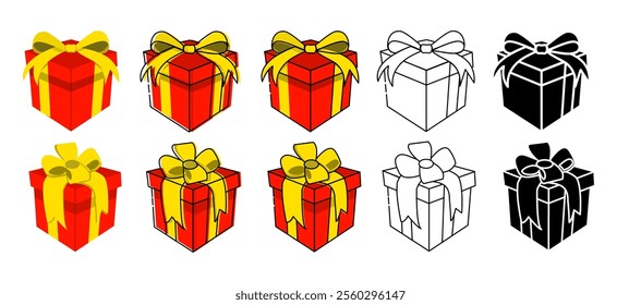 A variety of gift boxes in red, gold, and monochrome, featuring bows and festive designs