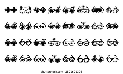 A variety of glasses and sunglasses with different shapes and decorative elements displayed in rows.