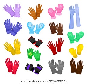 Variety of Gloves Pair and Knitted Mittens Big Vector Set