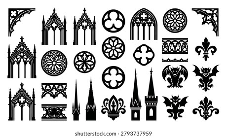 Variety of gothic architectural design elements. classic church windows, ornate frames, borders, fleur de lis, and gargoyle figures.