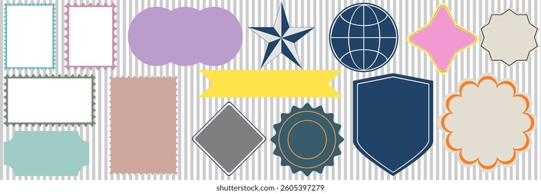 A variety of graphic elements on a striped background. They come in a variety of shapes and sizes, such as frames, circles, stars, globes, and other abstract shapes.