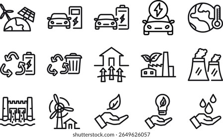 a variety of green energy and environmental responsibility concepts using a clean line art style. It includes electric vehicles, EV charging, battery recycling, sustainable industry, waste management