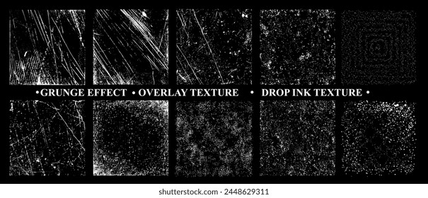 Variety of Grunge Textures Set in Monochrome. Set of four distinct black and white grunge textures, ranging from lightly speckled to heavily scratched. Overlays stamp texture with effect grunge.