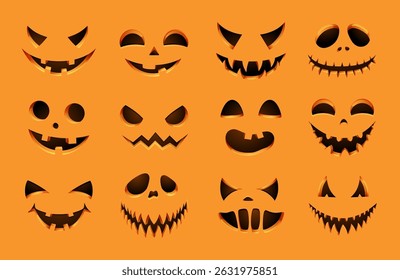 Variety of Halloween pumpkin expressions. Scary and happy cartoon faces vector illustration