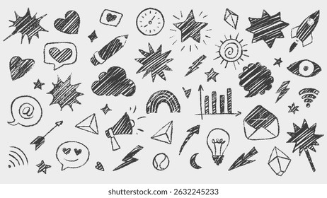 Variety of Hand Drawn Black Pencil Style Doodles and Sketches