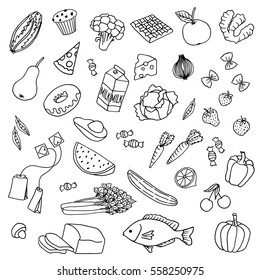 Variety of hand drawn doodle food items