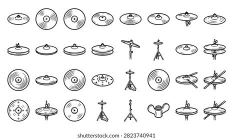 A variety of hand drawn drum cymbals and stands are depicted in a grid layout.