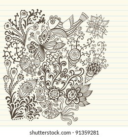 Variety of hand drawn floral doodles  on lined paper.