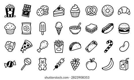 A variety of hand drawn icons representing different types of food and drinks, presented in a simple black and white style.