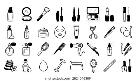 A variety of hand drawn icons representing beauty and makeup products, including skincare, cosmetics, and hair tools.
