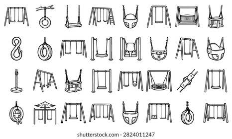 A variety of hand drawn illustrations depicting different types of swing sets and playground equipment.