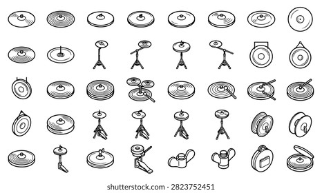 A variety of hand drawn illustrations of drum cymbals and stands in different styles and sizes.