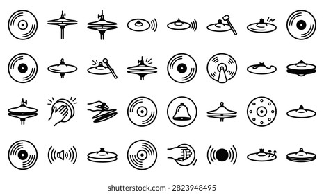A variety of hand drawn illustrations of drum cymbals and percussion instruments, including hi-hats and crash cymbals, with sound wave graphics.