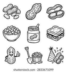 A variety of hand drawn illustrations featuring peanuts, peanut butter, and peanut-related food items like sandwiches.