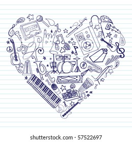Variety of hand drawn music doodles in heart shape on lined paper.