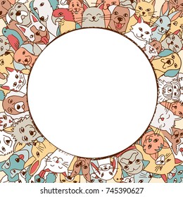 A variety of hand drawn pets in a circle around empty space for text