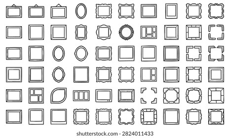 A variety of hand drawn picture frames and decorative borders in different shapes and styles