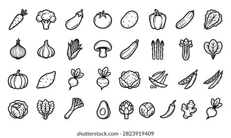 A variety of hand drawn vegetable icons and symbols arranged in rows on a white background