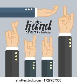Variety of hand gestures in flat design, which can be used in many purposes such as in motion graphics, infographics, presentations and more. Eps10 vector.