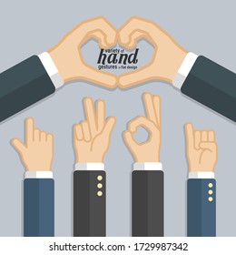 Variedad de gestos de mano en diseño plano, que se pueden usar en muchos propósitos como en gráficos de movimiento, infografías, presentaciones y más. Vector Eps10.