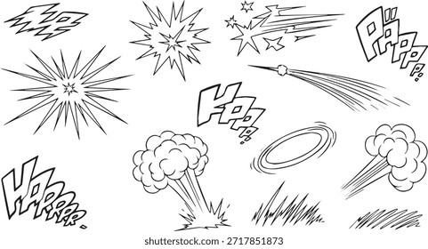 Eine Vielzahl von handgezeichneten Comic-Elementen wie Explosionen, Geschwindigkeitslinien und Onomatopoeien wie 'KA' und 'POW'
