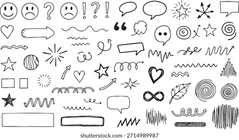 Uma variedade de elementos de rabiscar desenhados à mão, incluindo bolhas de fala, estrelas, corações, pontos de interrogação, pontos de exclamação, setas e formas abstratas.