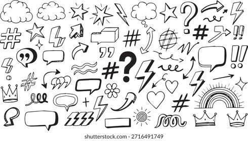 A variety of hand-drawn doodle elements including clouds stars arrows question marks hashtags speech bubbles and more